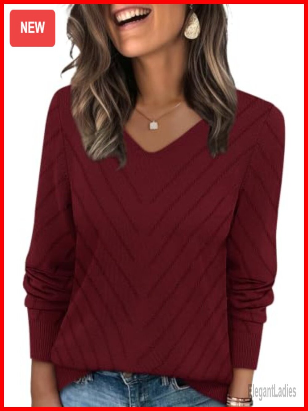 Womens V Neck Lightweight Knit Long Sleeve Sweater Pullover